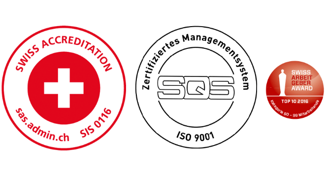Logos Swiss Accreditation, SQS und Swiss Arbeitgeber Award